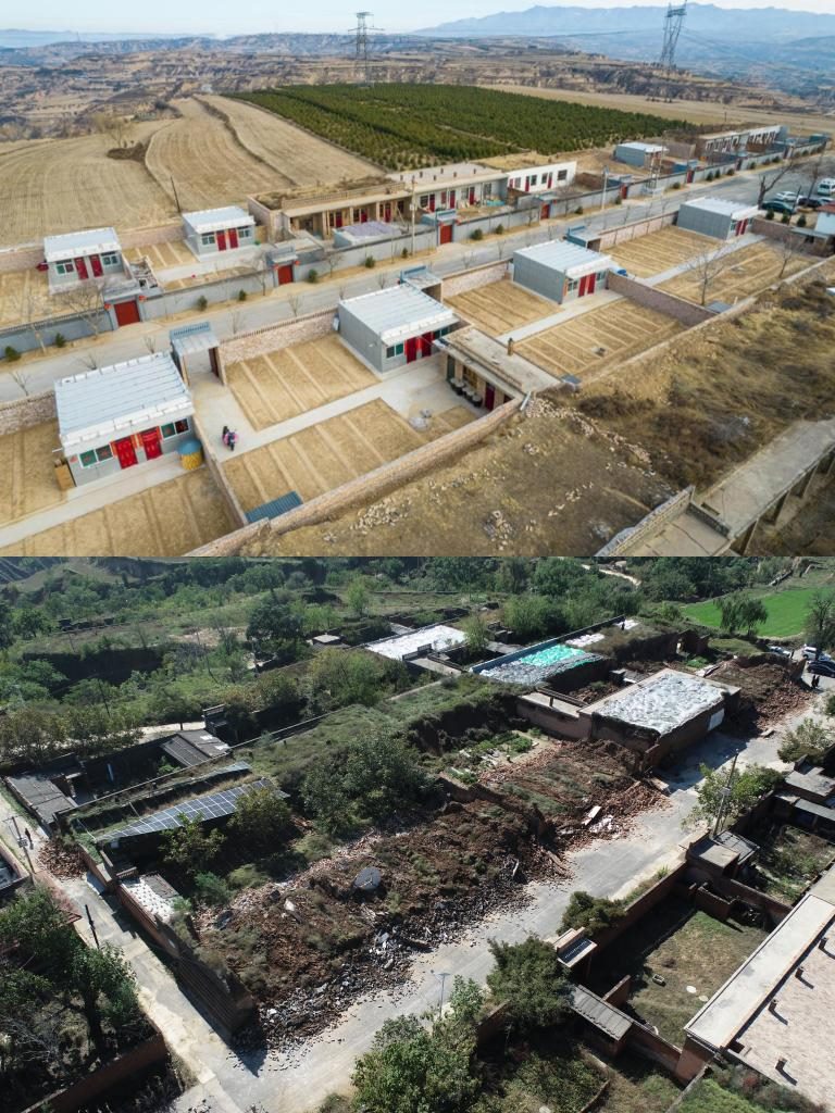 拼版照片，上圖是2022年1月山西省霍州市師莊鄉(xiāng)馮南垣村災后恢復重建后的場景，下圖是2021年10月村莊因災受損的場景。(霍州市委宣傳部供圖)