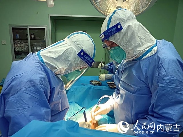 醫(yī)護(hù)人員正在為新冠肺炎合并腸梗阻腸穿孔的尿毒癥患者實(shí)施急診手術(shù)。呼和浩特市第一醫(yī)院供圖