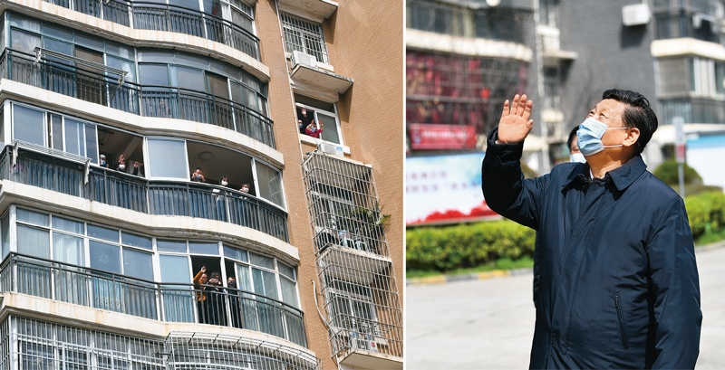 2020年3月10日，習(xí)近平專門赴湖北省武漢市考察新冠肺炎疫情防控工作。這是習(xí)近平在東湖新城社區(qū)考察時(shí)，向在家隔離居住的居民揮手致意、表示慰問（拼版照片）