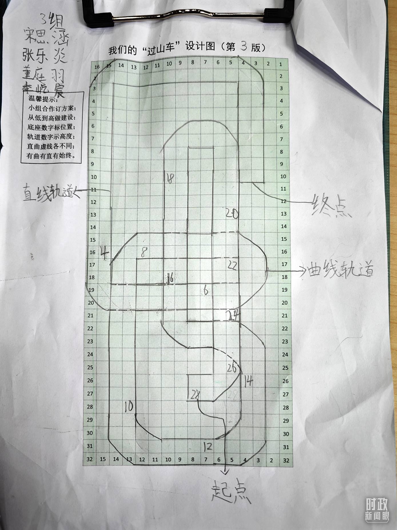 △學(xué)生們搭建過山車模型的設(shè)計圖。（總臺央視記者彭漢明拍攝）