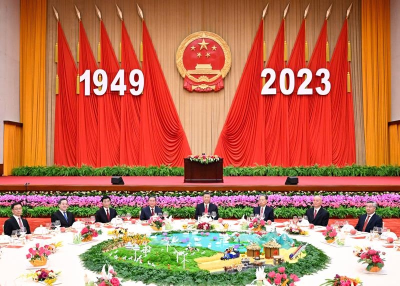 △2023年9月28日，慶祝中華人民共和國成立74周年招待會在北京人民大會堂舉行。