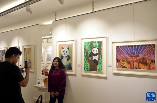 11月22日，在孟加拉國達(dá)卡，人們在“國家印象”繪畫展上參觀拍照。新華社發(fā)（薩利姆攝）