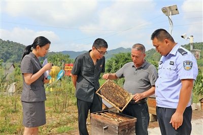  圖②：蒙山法院黃村法庭法官深入蜂蜜合作社，實(shí)地了解蜂農(nóng)需求。