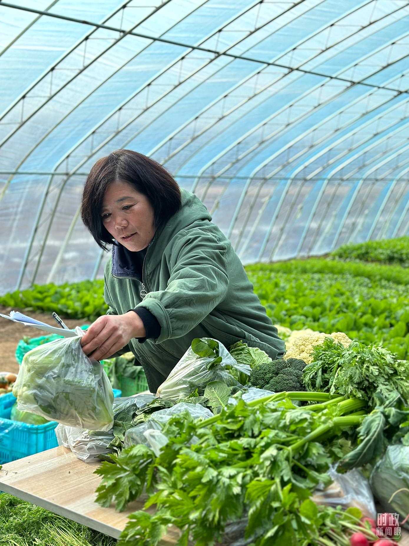 △第六埠村村民正在打包分裝蔬菜。（總臺(tái)央視記者盧心雨拍攝）