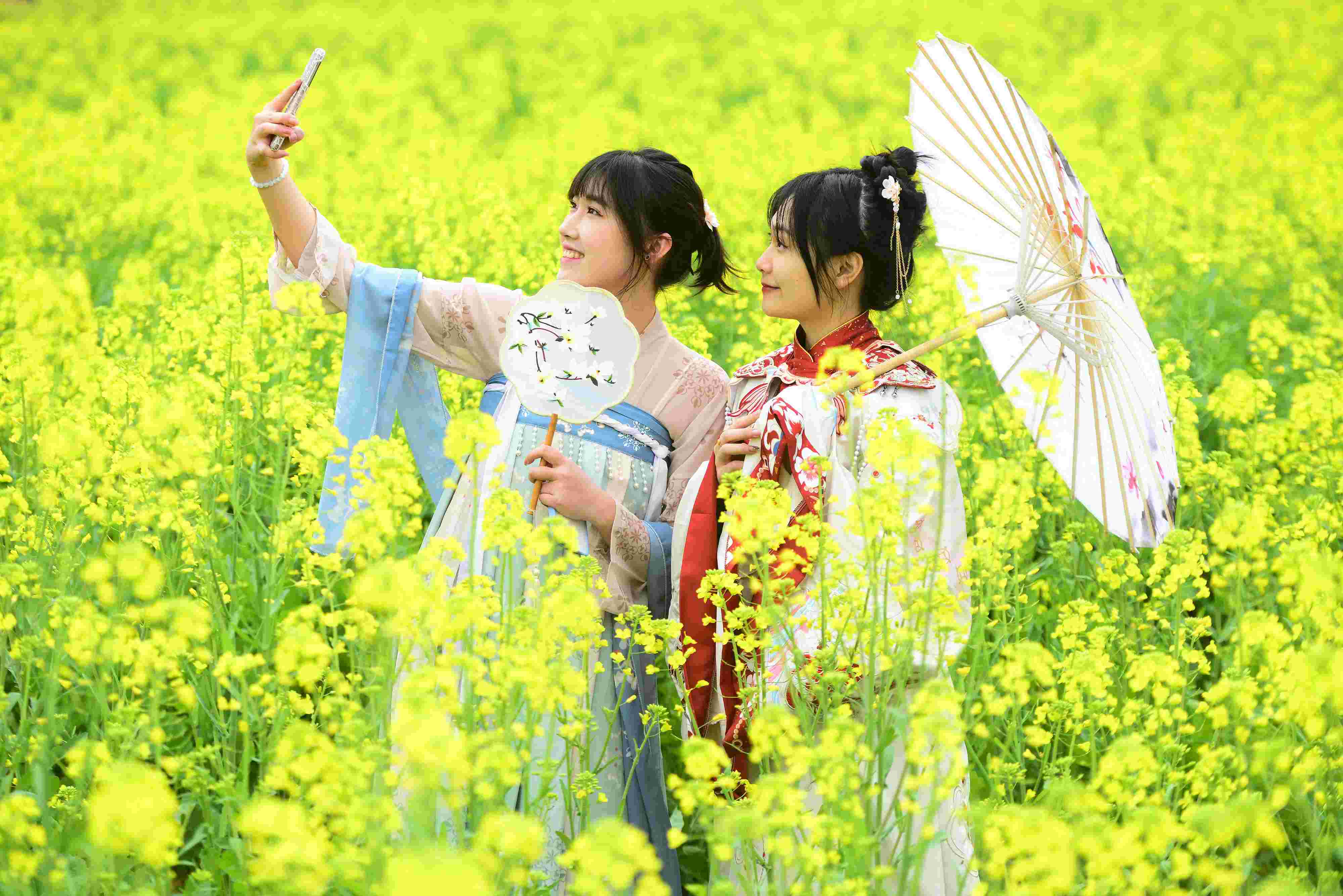 △ 2024年2月16日，廣西賀州，在富川瑤族自治縣麥嶺鎮(zhèn)三民村，游客在油菜花田間賞花拍照。