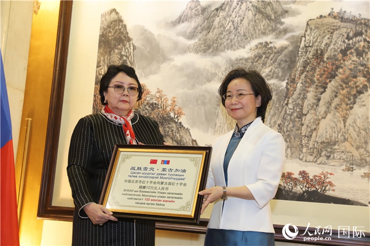 沈大使向?qū)殑跔柆敚ㄗ螅┟貢L轉(zhuǎn)交捐款。人民網(wǎng)記者 霍文攝
