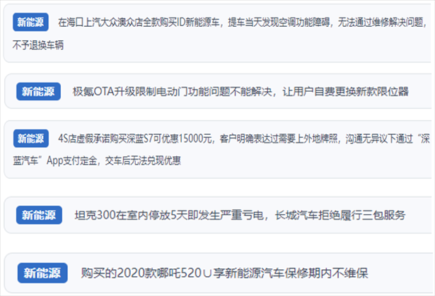 “人民投訴”用戶吐槽新能源汽車功能障礙多發(fā)、升級(jí)后配套服務(wù)跟不上、虛假優(yōu)惠、保修期內(nèi)不維保的問(wèn)題。（“人民投訴”平臺(tái)截圖）