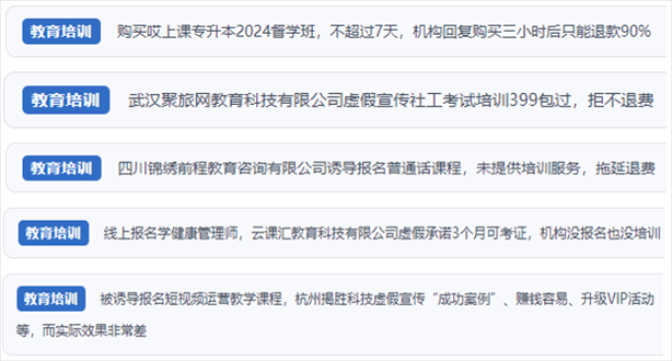 “人民投訴”用戶舉報(bào)機(jī)構(gòu)虛假宣傳包過(guò)包拿證、虛假承諾收益效果、課程服務(wù)貨不對(duì)板、退款難等在線教培亂象。（“人民投訴”平臺(tái)截圖）