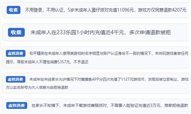 “人民投訴”用戶舉報(bào)身份認(rèn)證成擺設(shè)、大額充值無(wú)提醒、提供證據(jù)被駁回、商家設(shè)置退款障礙等未成年人網(wǎng)游消費(fèi)亂象。（“人民投訴”平臺(tái)截圖）