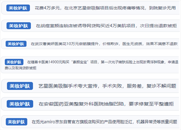 “人民投訴”用戶舉報(bào)醫(yī)美未達(dá)預(yù)期效果或?qū)е律眢w損傷退款遭拒、機(jī)構(gòu)及服務(wù)人員虛假資質(zhì)、被誘導(dǎo)高額醫(yī)美貸、網(wǎng)購(gòu)美容儀器質(zhì)量不過(guò)關(guān)等問(wèn)題。（“人民投訴”平臺(tái)截圖）