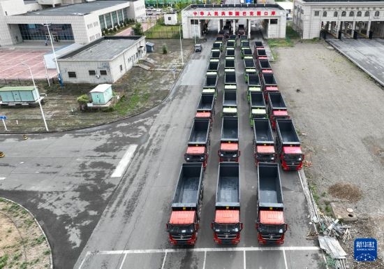 7月2日，車輛在巴克圖口岸辦理通關手續(xù)（無人機照片）。新華社發(fā)（馬丁 攝）