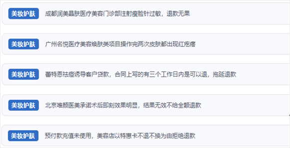 網(wǎng)友涉及醫(yī)美機(jī)構(gòu)虛假宣傳、誘導(dǎo)消費(fèi)、致傷客戶、違約不退費(fèi)等消費(fèi)侵權(quán)的相關(guān)投訴。（“人民投訴”用戶投訴截圖）