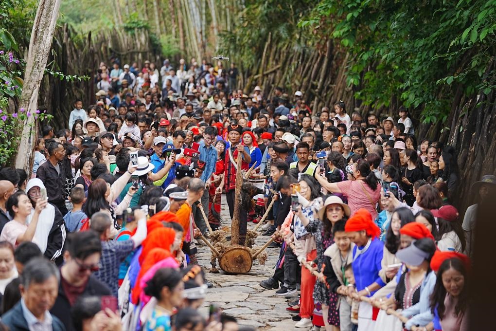 5月3日，各地游客在滄源縣翁丁村和村民一起參加佤族傳統(tǒng)民俗拉木鼓活動。（滄源縣融媒體中心供圖）