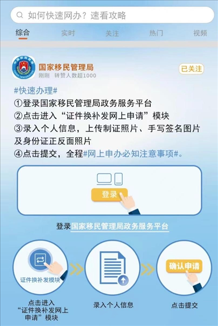 國(guó)家移民管理局出入境證件“全程網(wǎng)辦”流程。圖片來(lái)源：微信公眾號(hào)“國(guó)家移民管理局”
