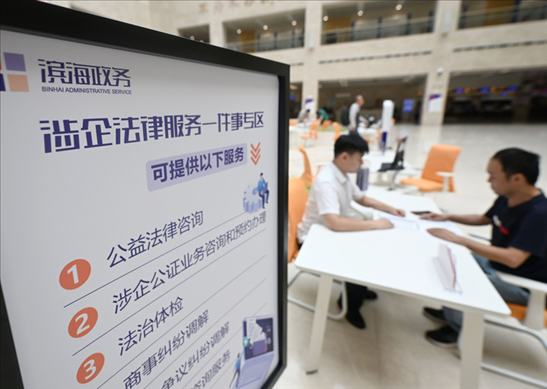 在天津?yàn)I海新區(qū)政務(wù)服務(wù)中心，工作人員在“涉企法律服務(wù)一件事”專區(qū)為市民提供服務(wù)（2024年7月31日攝）。新華社記者 趙子碩 攝