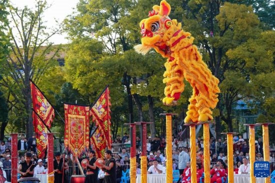 10月19日，云南魯木納龍獅藝術(shù)團(tuán)隊員在南獅高樁自選套路項目中比賽，最終他們獲得該項目銅獎。