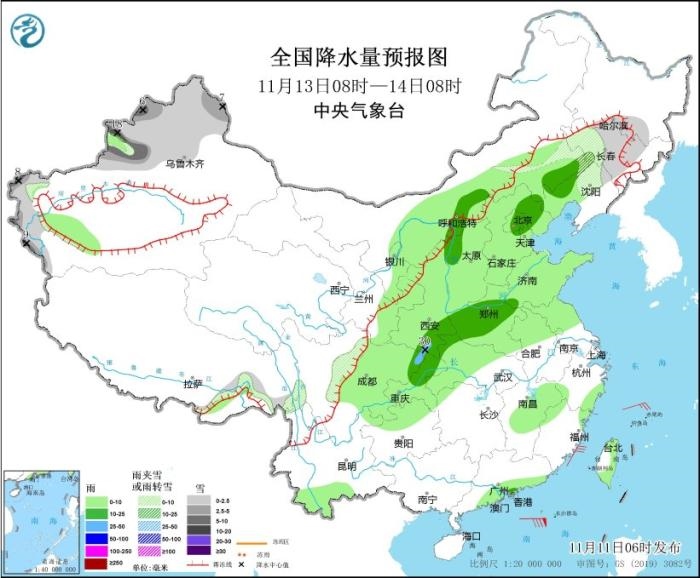全國降水量預報圖(11月13日08時-14日08時)圖片來源：中央氣象臺網站