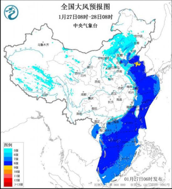 全國(guó)大風(fēng)預(yù)報(bào)圖(1月27日08時(shí)-28日08時(shí)) 圖片來(lái)源：中央氣象臺(tái)網(wǎng)站