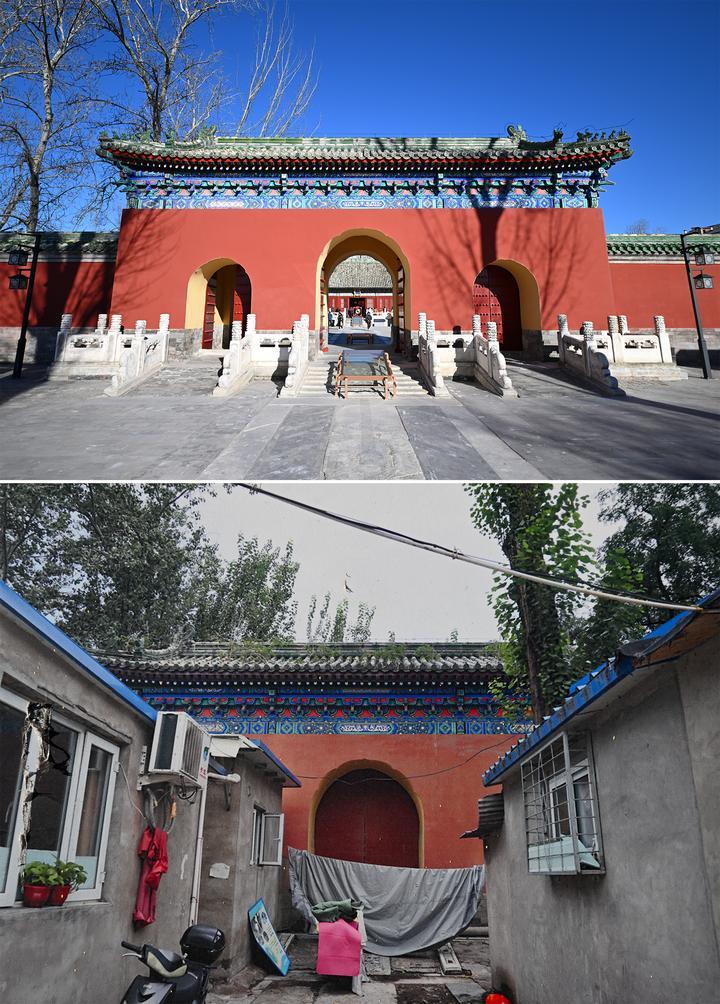 位于先農(nóng)壇內(nèi)的慶成宮，曾長(zhǎng)時(shí)間被雜亂的民居占據(jù)。在北京中軸線申遺保護(hù)工作的帶動(dòng)下，北京完成了慶成宮區(qū)域文物征收騰退、非文物建筑拆除、彩畫(huà)保護(hù)、本體修繕、展覽布陳等，讓560多年歷史的古建群重新回歸。2024年12月，北京中軸線上先農(nóng)壇內(nèi)的慶成宮首次面向社會(huì)公眾開(kāi)放。上圖為騰退修繕后的慶成宮內(nèi)宮門(mén)（資料照片）；下圖為翻拍的慶成宮內(nèi)宮門(mén)騰退修繕前的資料照片（2024年12月21日攝）。